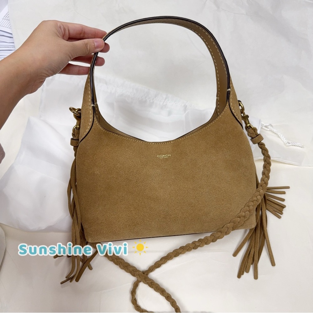 Coach Tan Suede Shoulder Bag with Braided Strap - Picture 9 of 14
